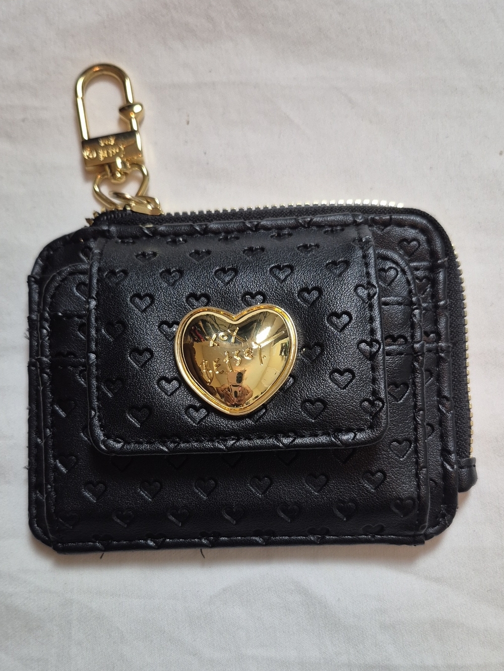 Betsey Johnson Black Heart-Embossed Card Holder with Gold Heart Charm